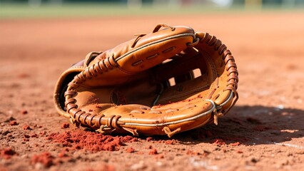 Photo of Close-up of a brown leather baseball glove sitting on a red dirt baseball field on a sunny day