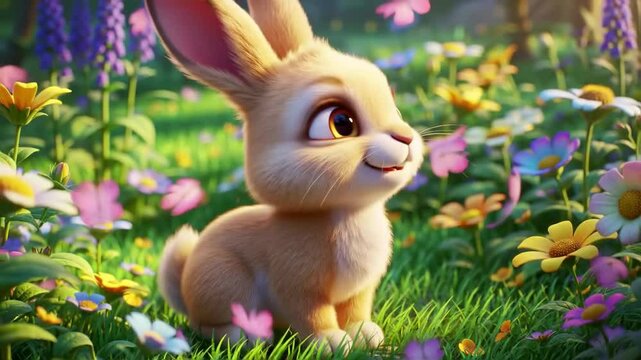 Cute Cartoon Bunny in a Colorful Flower Meadow