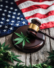 Cannabis legalization, judge gavel, single cannabis leaf, and United States of America flag illustration