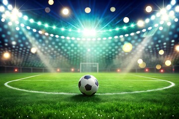 Fototapeta premium Soccer Field with Green Grass and Bokeh Lights, Vibrant Sports Background