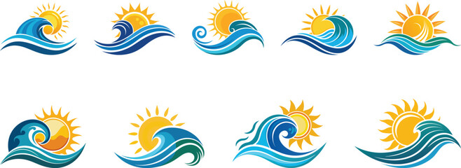  abstract ocean waves with bright sun logo design set vector illustration