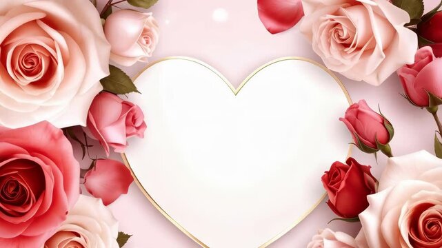 Elegant floral arrangement of pink and red roses framing a white heart shape on a light pink backdrop for romantic occasions