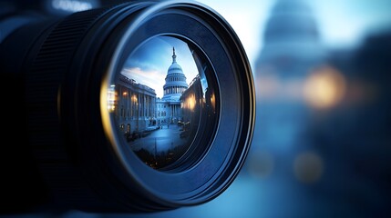 Us capitol building reflected in camera lens