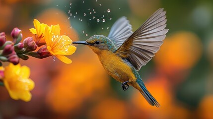 A hummingbird hovers near bright yellow flowers.