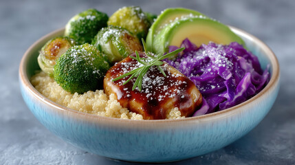 Colorful vegan Buddha bowl with quinoa, avocado, and assorted veggies arranged in a ceramic bowl. Bright natural light highlights vibrant colors against a light background