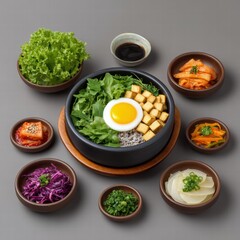 Korean food bibimbap side dishes concept. A vibrant bowl of Korean stone pot rice topped with an egg and surrounded by various side dishes.