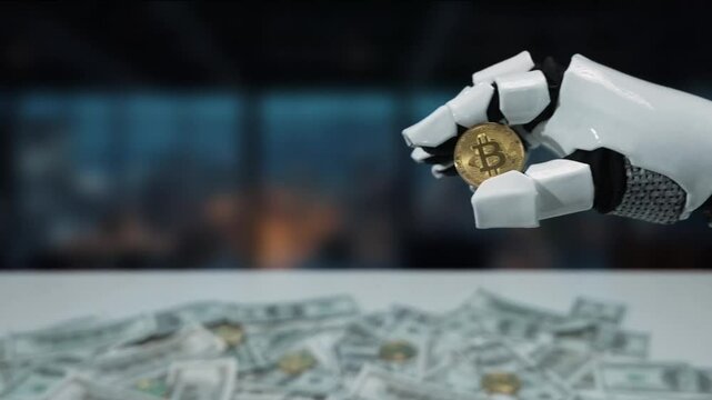 A futuristic robotic hand delicately holds a bitcoin above a spread of cash, symbolizing the intersection of technology and finance in the modern world. MZL