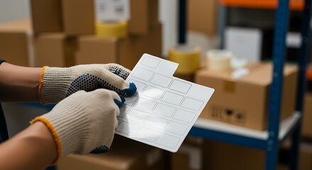 Gloved hands holding a sheet of blank labels in a warehouse sett