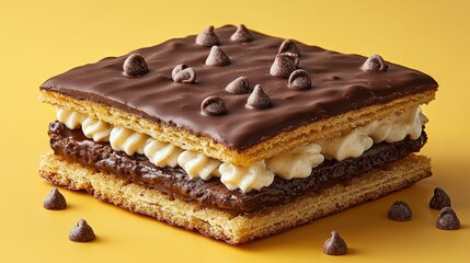 Chocolate layered cake with whipped cream and chocolate chips.
