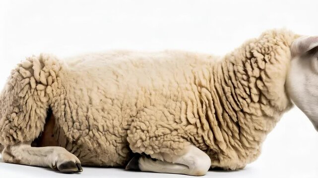 Isolated sheep resting, lying down on white seamless background, woolly fleece texture, mammal ruminant farm animal in studio setting