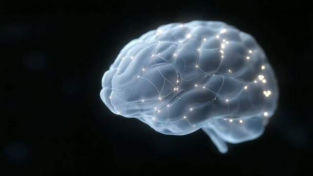 3D Rotating Holographic Brain Model with Glowing Neural Pathways - Powered by Adobe