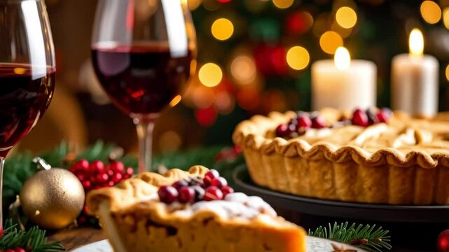 Festive holiday scene with pumpkin pie slice, whole pie, wine glasses, ornaments and candlelight in cozy home setting
