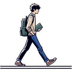 A Young Student Walking to Class with Backpack and Book