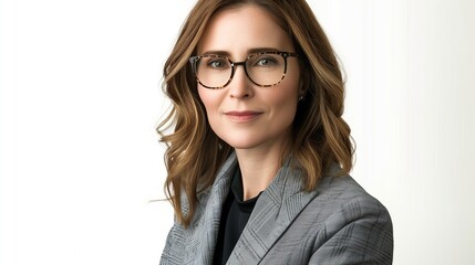 perfectly composed portrait of a businesswoman wearing glasses and a sleek gray suit 