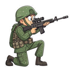 Fototapeta premium A cartoon soldier kneeling with a rifle. The soldier wears a green helmet and camouflage uniform. He appears focused and ready for action.