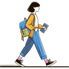 Walking Young Woman Student with Backpack and Book: Casual Style Illustration