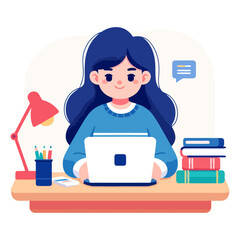 Girl Working on Laptop at Desk, Studying, Education, Technology, Online Learning