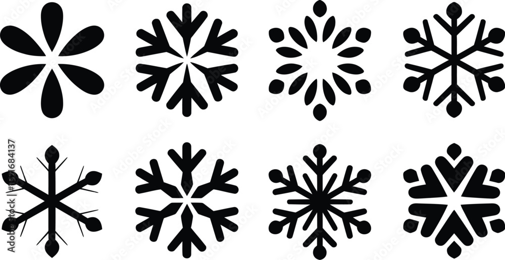 Poster a collection of eight different snowflake designs in black on a white background in a symmetrical pa