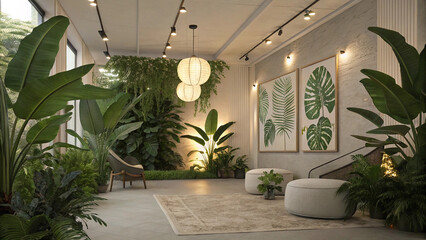 Modern home interior design featuring a luxurious living room with a view, floor-to-ceiling windows, and elegant palm plants