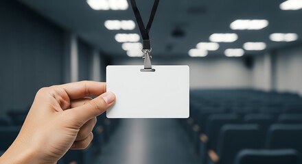 Hand Holding Blank ID Badge in Auditorium with Blurred Backgroun