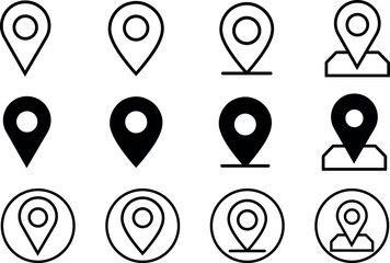 Comprehensive set of black and white location pins, user markers, and geolocation symbols for navigation, maps, and app interface usage