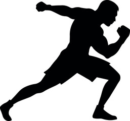 Male boxer silhouette in mid-punch pose representing power, combat sports, self-defense, and athletic movement in black vector illustration