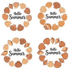 Summer-themed circular arrangement of various cookies and seashells with text