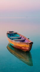 Obraz premium Sunset Tranquility With a Colorful Wooden Boat on Calm Water.