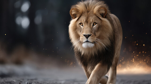 Legendary golden lion with radiant mane glowing in stormy sky, cinematic fantasy full-body front portrait