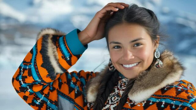 young smiling indigenous greenlandic woman with black hair against northern greenland landscape, national clothes, nuuk, winter, fjords, snow, people