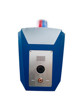 Emergency call device with video surveillance camera. Call for help in public cities. City video surveillance. Police and ambulance. Image isolated without background. Insert into mockup or template. 
