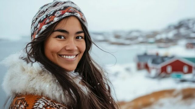 young smiling indigenous greenlandic woman with black hair against northern greenland landscape, national clothes, nuuk, winter, fjords, snow, people