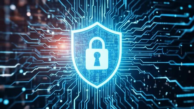 Digital Security Shield With A Keyhole Surrounded By Flowing Data Lines And Binary Code. 4k video
