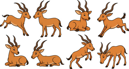 Fototapeta premium vector illustration of addax deer antelope gazelle impala funny cartoon mascot character cartoon with 8 poses 02