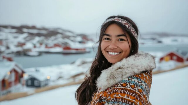 young smiling indigenous greenlandic woman with black hair against northern greenland landscape, national clothes, nuuk, winter, fjords, snow, people