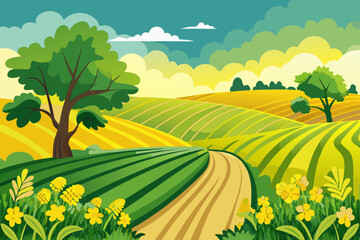 Fototapeta premium Vibrant Summer Landscape of Rolling Hills and Fields Colorful illustration rural landscape with rolling hills fields crops path trees rural landscape rolling hills farmland fields