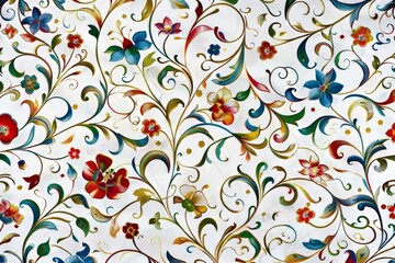 Detailed floral pattern featuring stylized, brightly colored flowers and swirling tendrils on a white background.