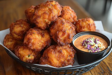 Crispy conch fritters served with creamy sauce and shredded cabbage on the side. Showcase Caribbean cuisine and highlight delicious appetizers for your project.