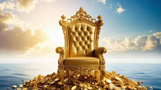 Golden ornate throne sitting on a pile of gold coins in calm water with clouds and sky background