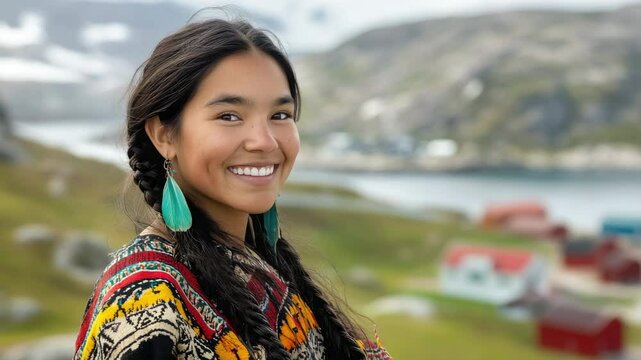 young smiling indigenous greenlandic woman with black hair against northern greenland landscape, national clothes, nuuk, winter, fjords, snow, people