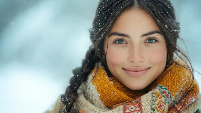 young smiling indigenous greenlandic woman with black hair against northern greenland landscape, national clothes, nuuk, winter, fjords, snow, people