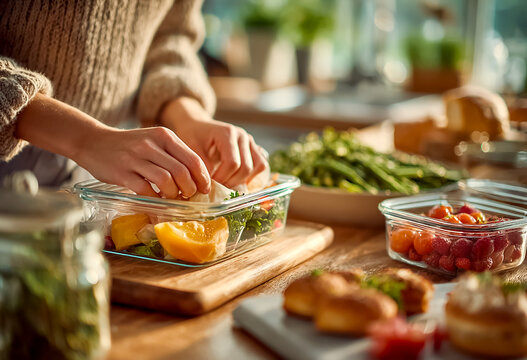 Mother preparing allergy-friendly lunch box in bright kitchen, detail of hands packing food, soft morning light