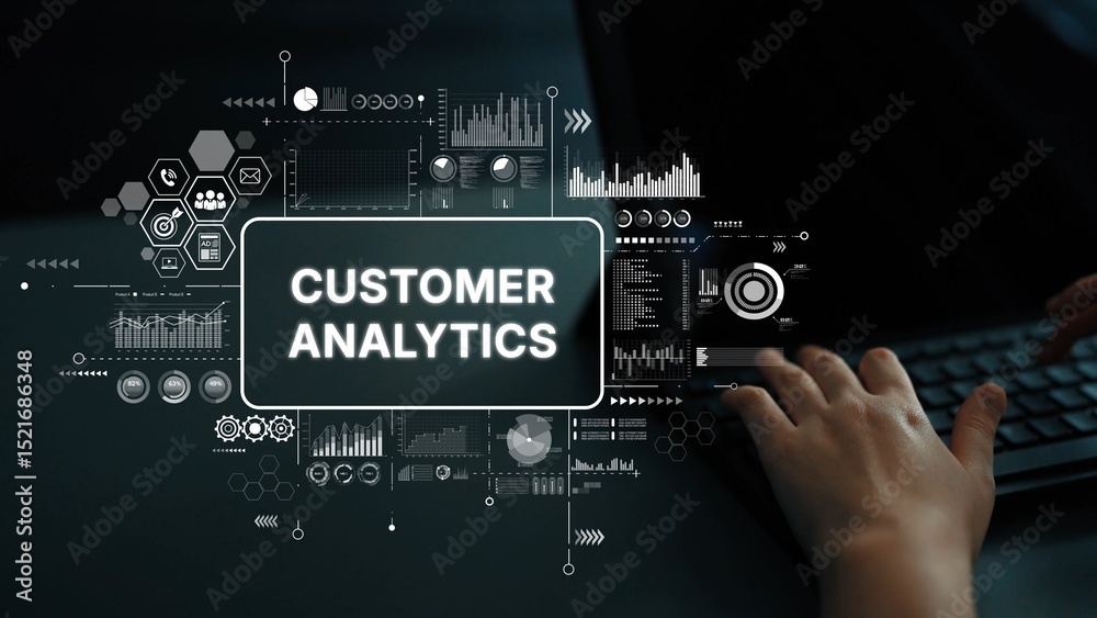 Aufkleber hands engaged in customer analytics with visual data charts and graphs in modern digital environment