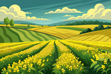 Summer Landscape of Yellow Mustard Fields and Rolling Hills Vibrant illustration rural landscape with hills fields yellow mustard green crops landscape rural field hills mustard