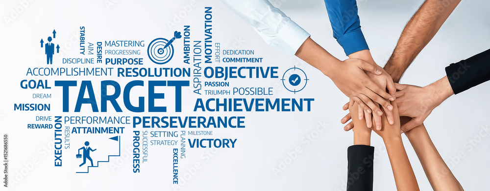 Poster a visually striking collage of hands reaching toward a central focus on keywords like achievement an
