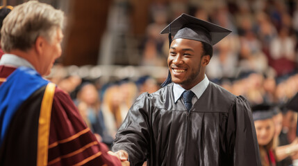 Fototapeta premium A graduate wearing a cap and gown shakes hands with an advisor in an auditorium filled with spectators