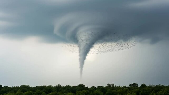 Tornado descending from dark storm clouds over green landscape  
