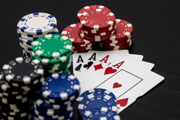 Casino chips and cards on the table. Gambling concept