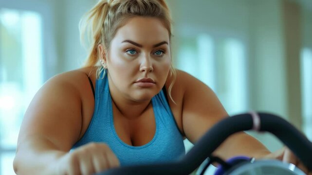 beautiful overweight woman in sportswear on an exercise bike in a fitness club, losing weight, active lifestyle, sport, fat girl cycling, gym