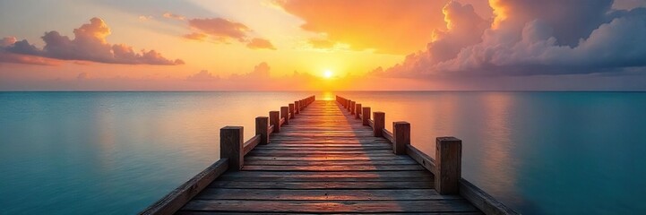 Fototapeta premium A rustic wooden pier stretches out over calm, blue water, bathed in the golden light of sunset Ideal for travel, vacation, or coastal themed projects Perfect background image , horizon, pier, wooden